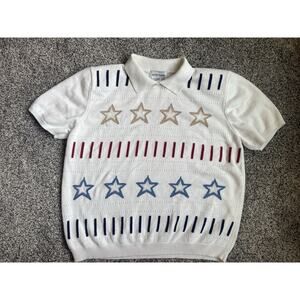 Alfred Dunner Vintage Short Sleeve Knit Top Red White Blue Beaded Medium